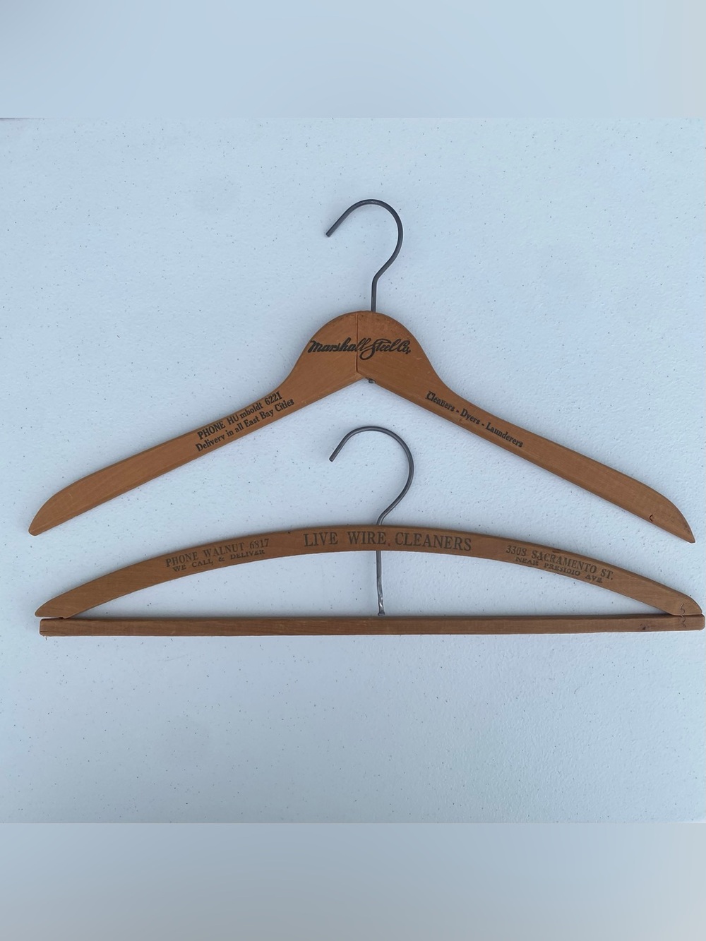 Lot of 2 : Vintage Wooden Advertising Clothes Hangers Marshall Steel Live Wire